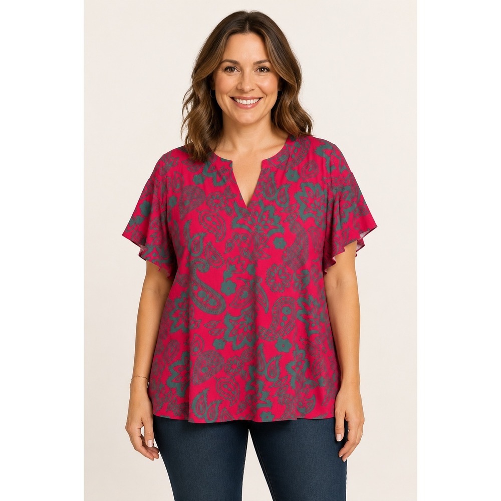 NWT Southern Stitch Fuchsia Green Paisley Flutter Sleeve Top 3X Bright Blouse